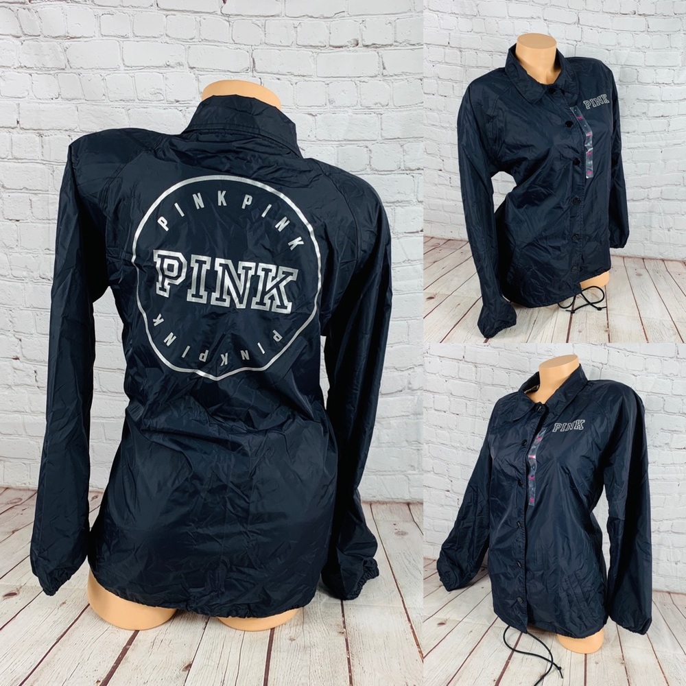 VS PINK Snap Front Coach Jacket Navy / Silver